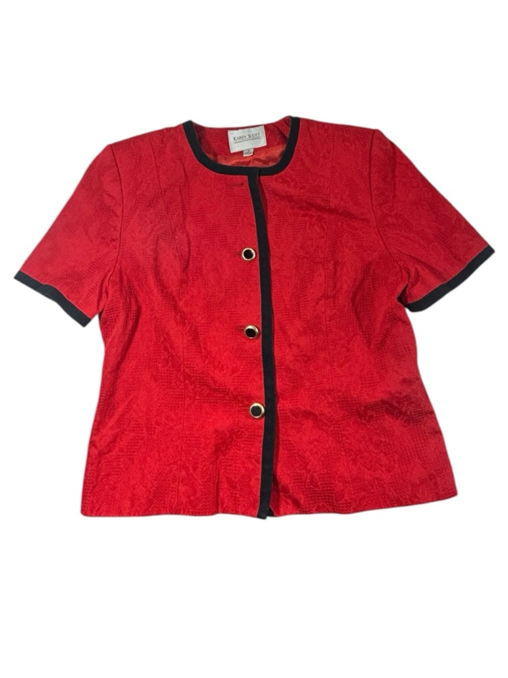 Karen Scott Vintage Red Textured Cotton Blazer Sz 12 Short Sleeve Black Trim